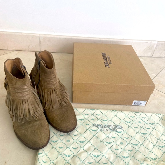 Zadig & Voltaire Taupe Molly Fringe Boots in box and dust bag size 39/9 - Picture 1 of 5